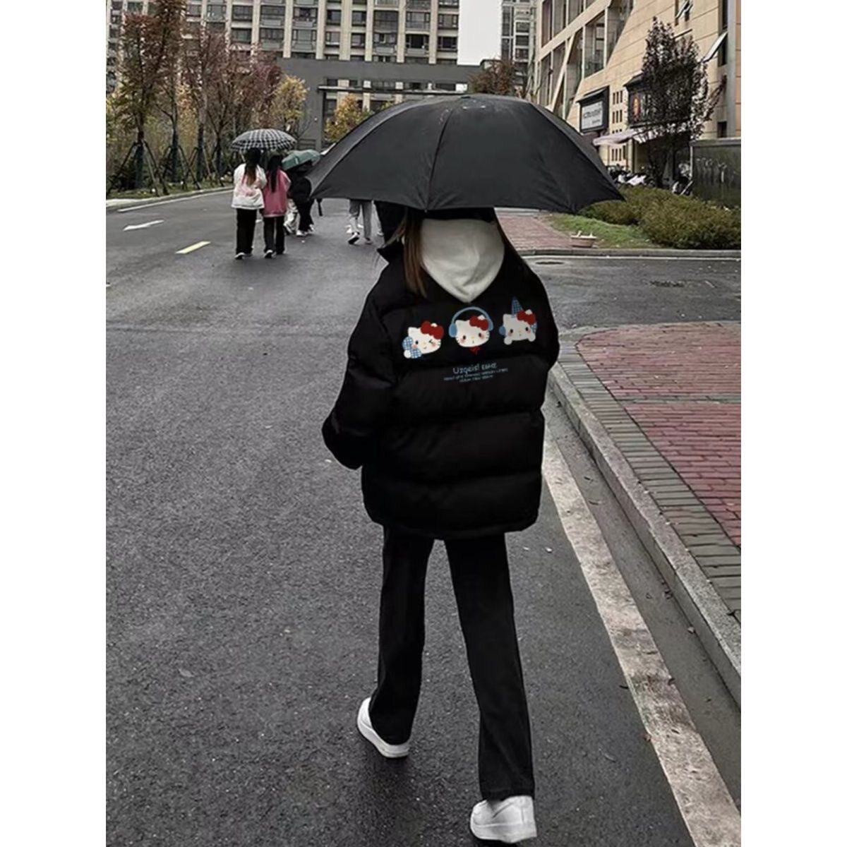 黑色羽绒棉服女秋冬季2026韩系新款KT猫印花百搭宽松保暖立领外套