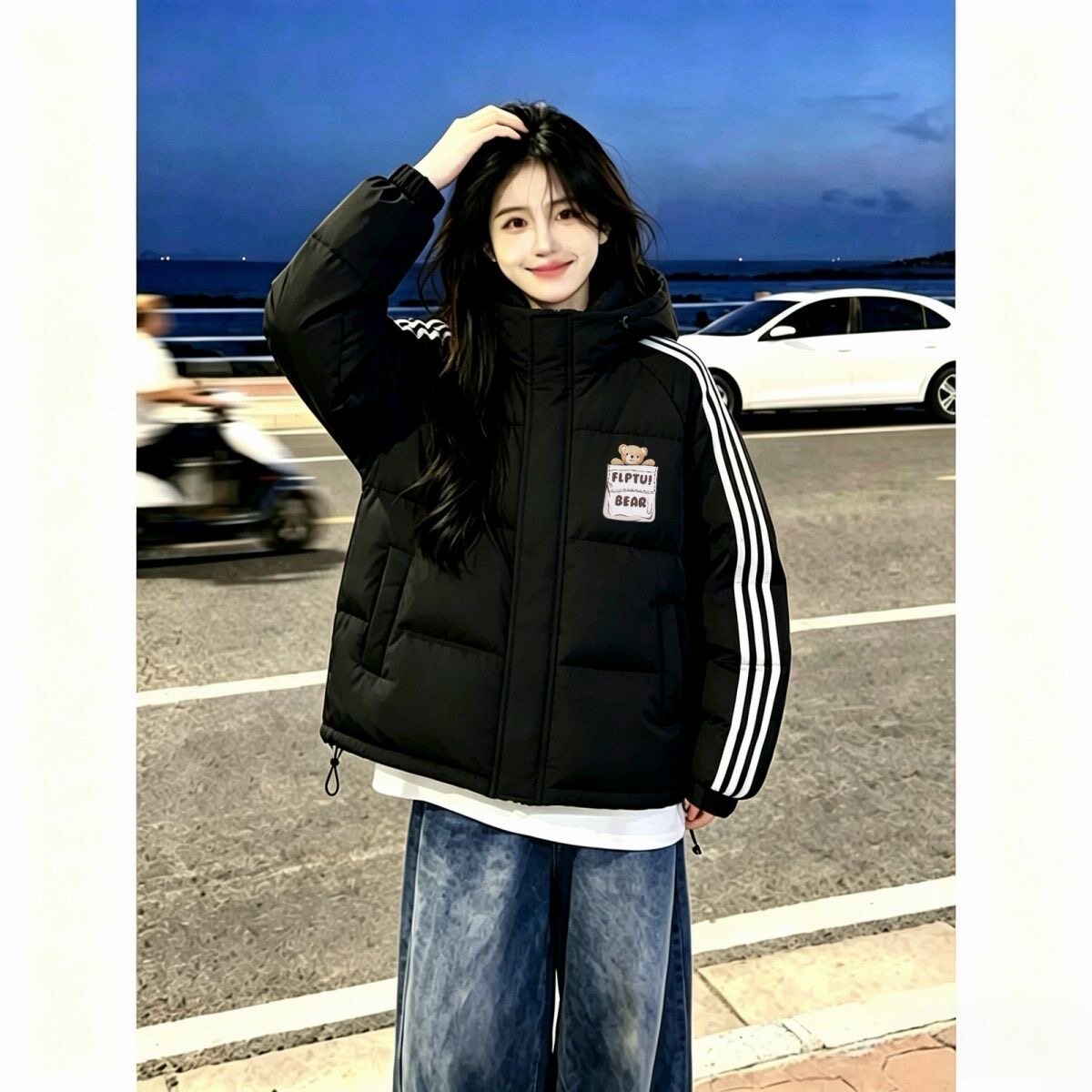 卡通小熊连帽羽绒棉服女冬季三条杠宽松学生百搭加厚保暖棉衣外套