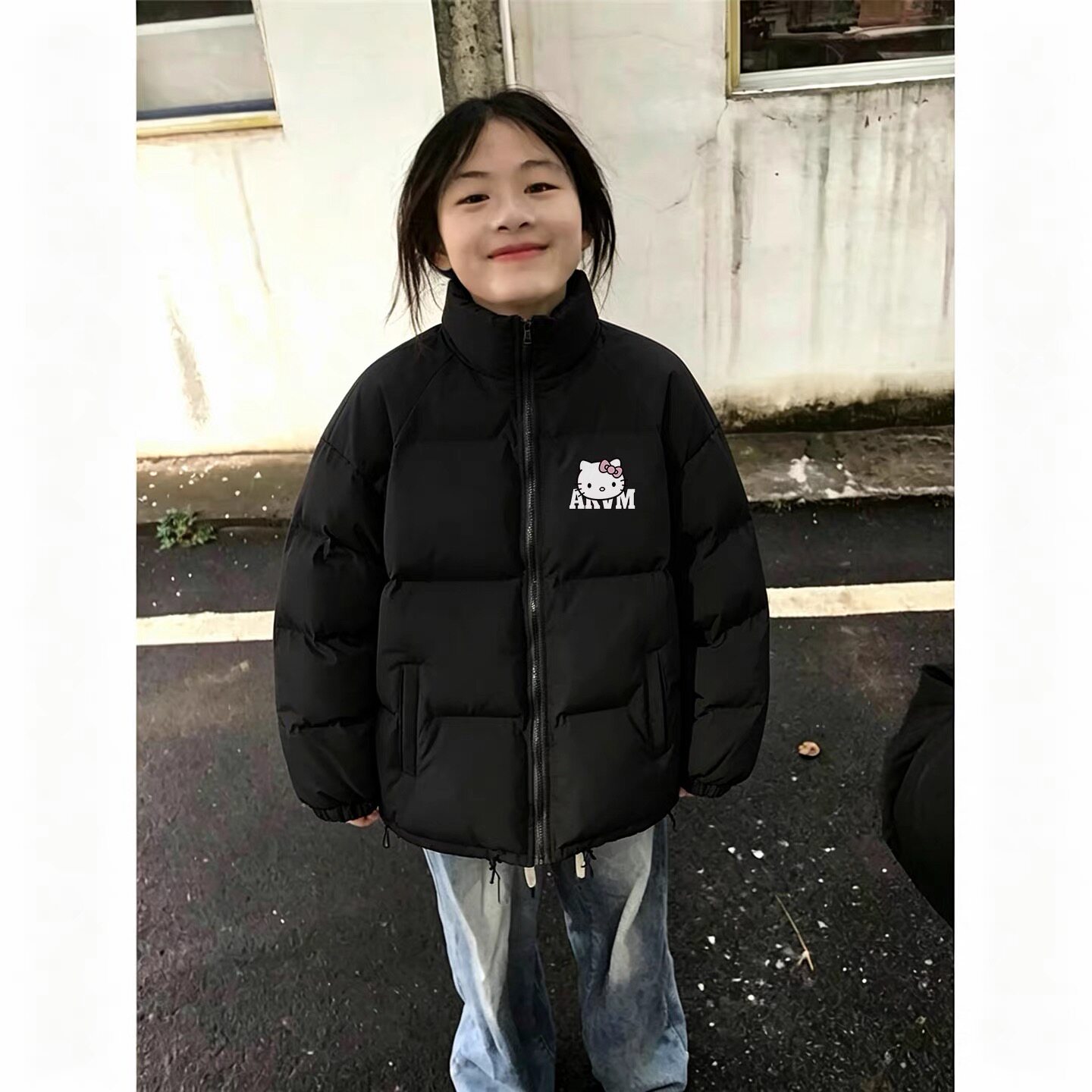 美式高街羽绒棉服女秋冬季新款猫咪印花小个子初中生宽松棉衣棉袄