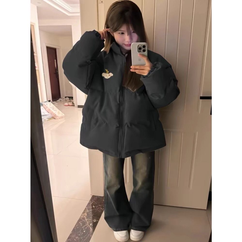 黑色宽松百搭羽绒棉服女大童冬装2026初中高中学生面包服外套棉袄