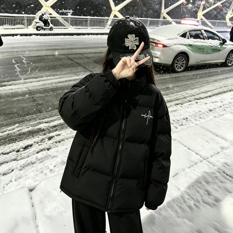 黑色立领羽绒棉服女大童秋冬加厚保暖初中高中学生百搭棉袄子外套