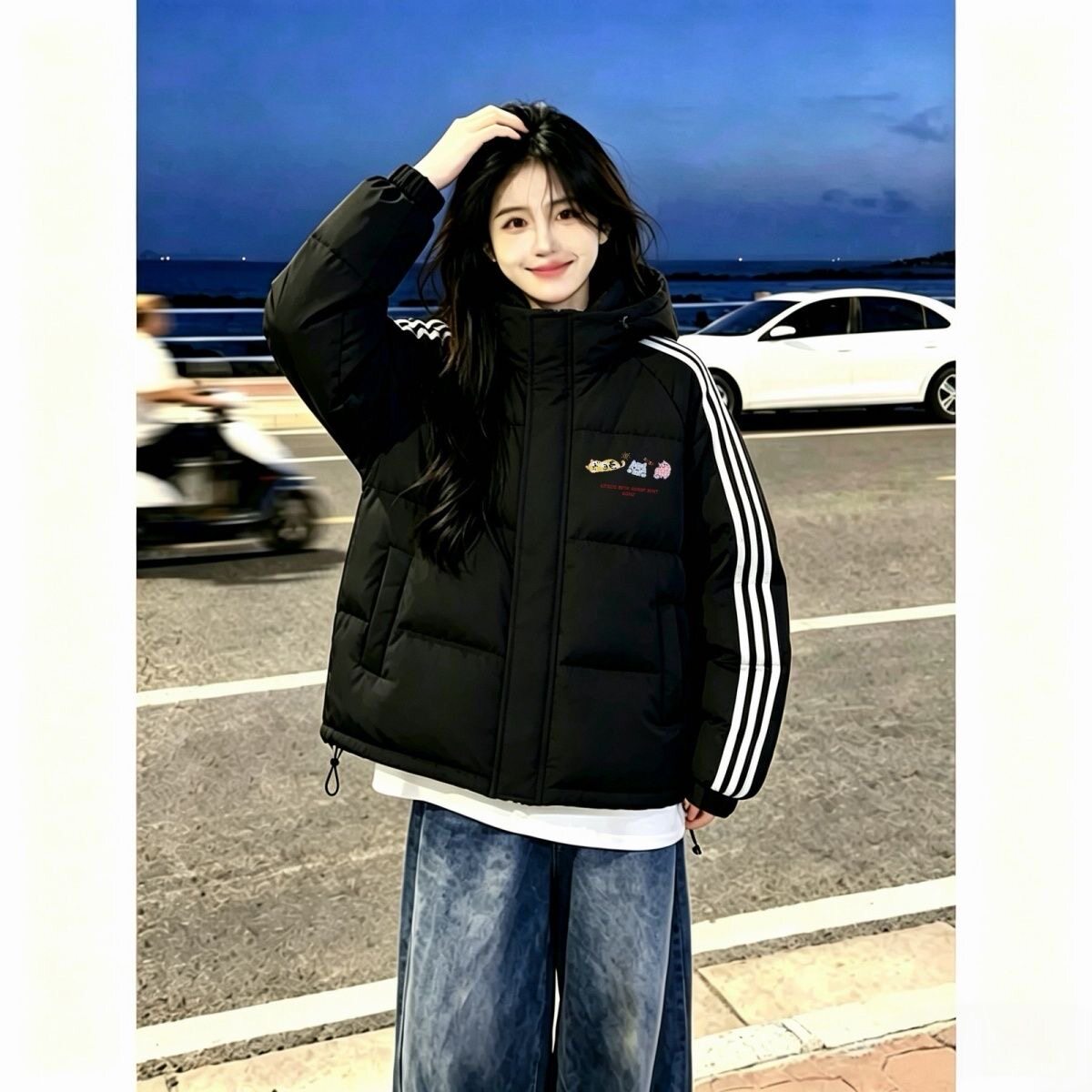 学院风卡通羽绒棉服女秋冬连帽棉衣显瘦百搭白色三条杠黑色外套潮
