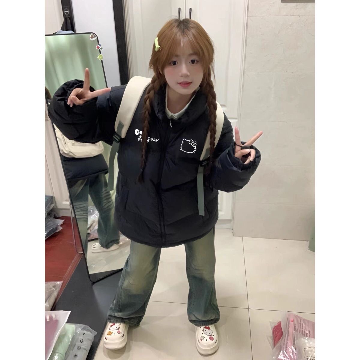 黑色立领轻薄羽绒棉服女大童冬季初中高中学生宽松加厚保暖外套潮