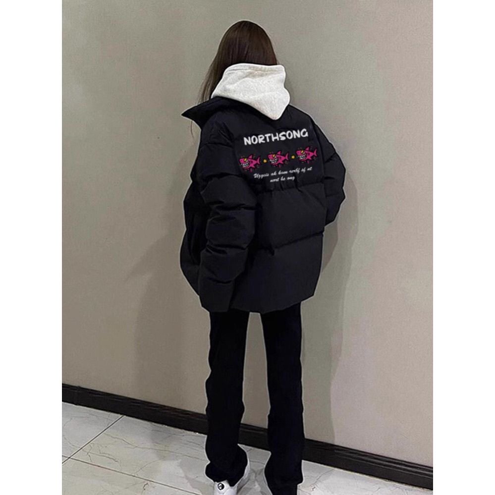 黑色立领轻薄羽绒棉服女冬季美式新款鲨鱼印花设计感宽松保暖外套