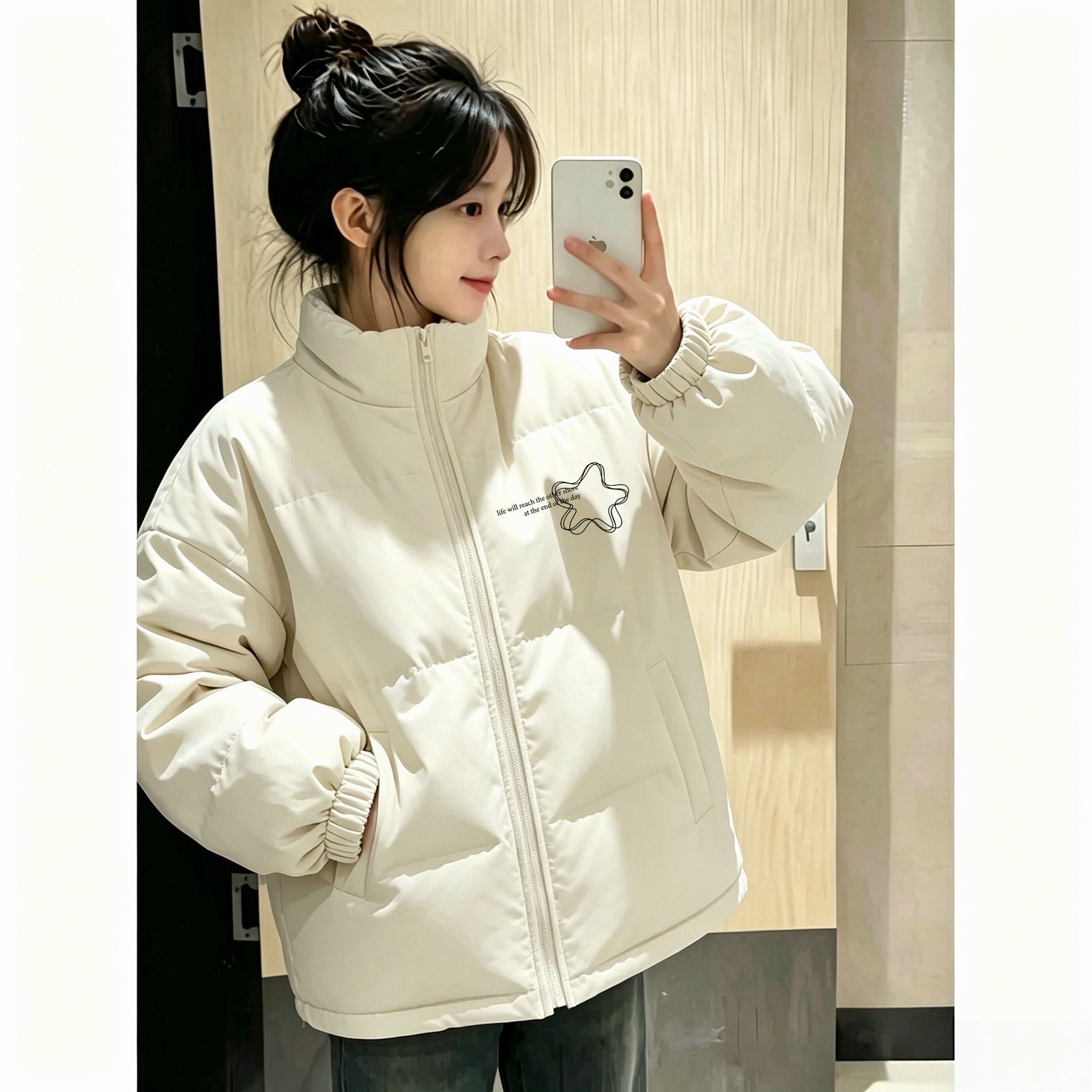 学生韩系五角星棉衣女冬季小个子立领宽松加厚百搭保暖棉服外套潮