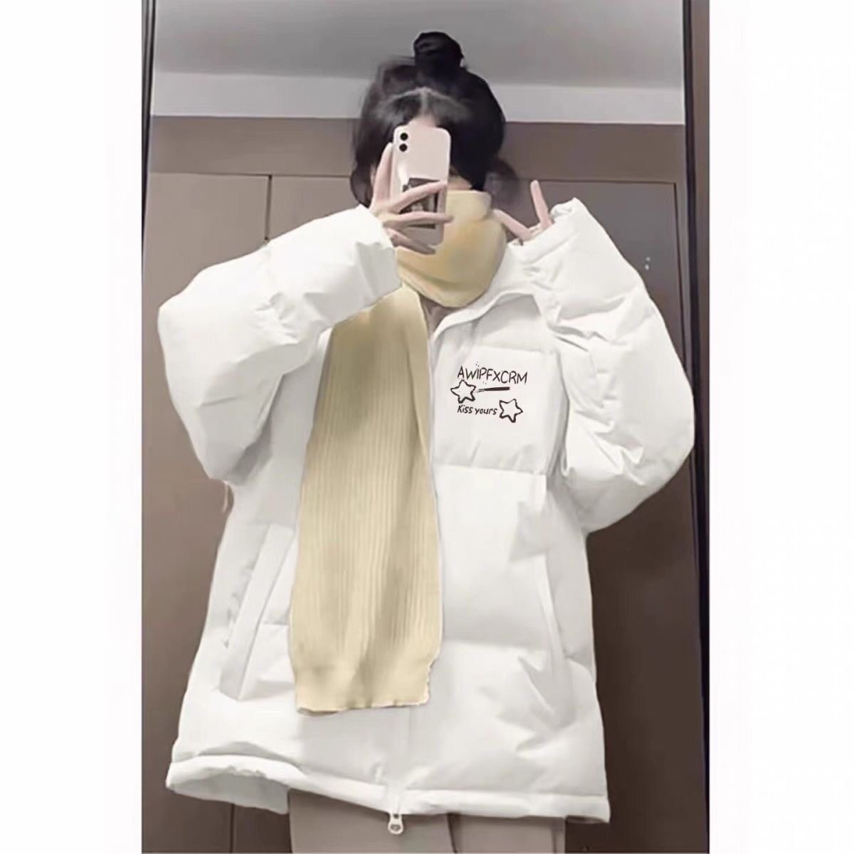 时尚街头羽绒棉服女冬季新款初中生小个子宽松保暖防寒立领面包服