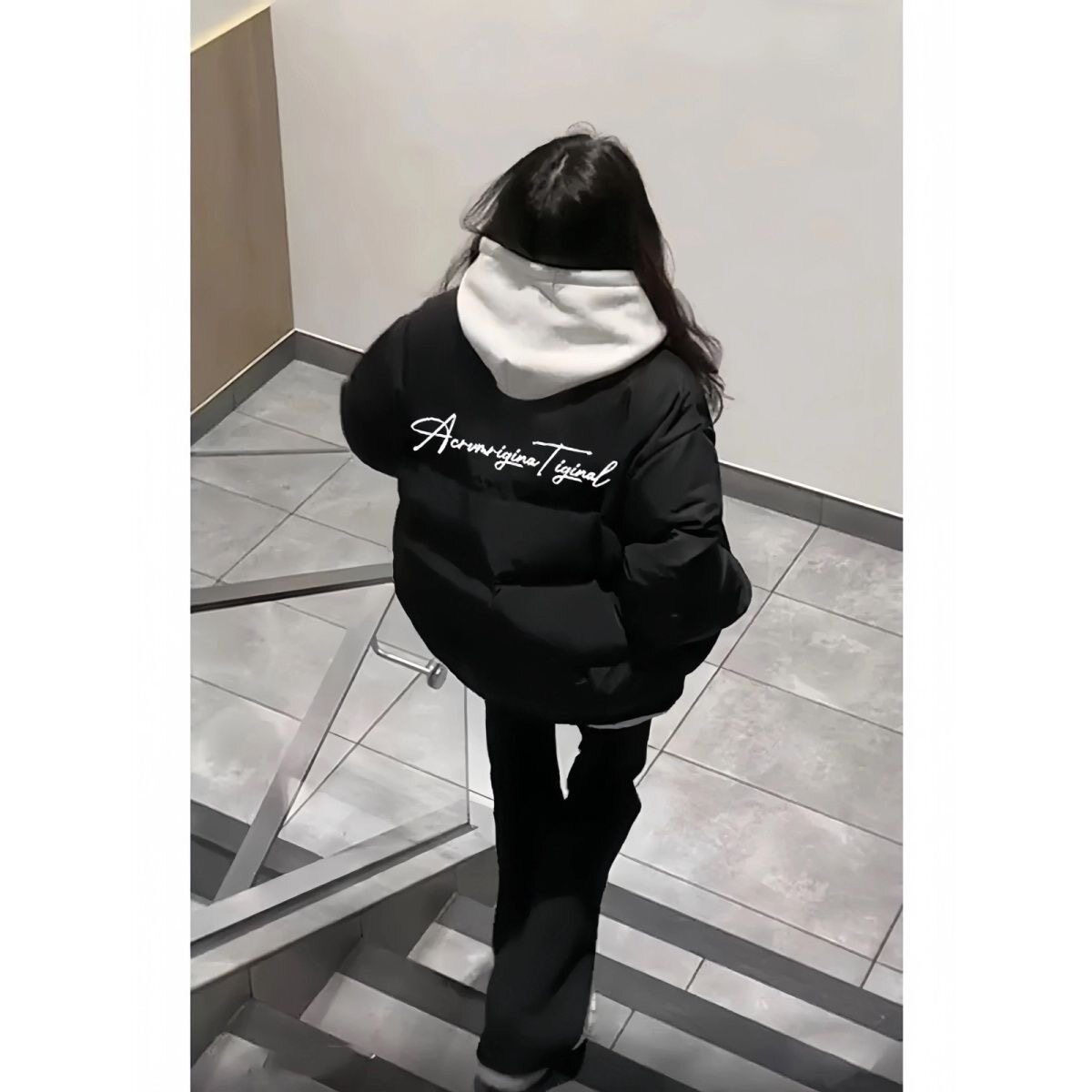 美式复古黑色立领羽绒棉服女大童初中高中学生宽松面包服棉袄外套