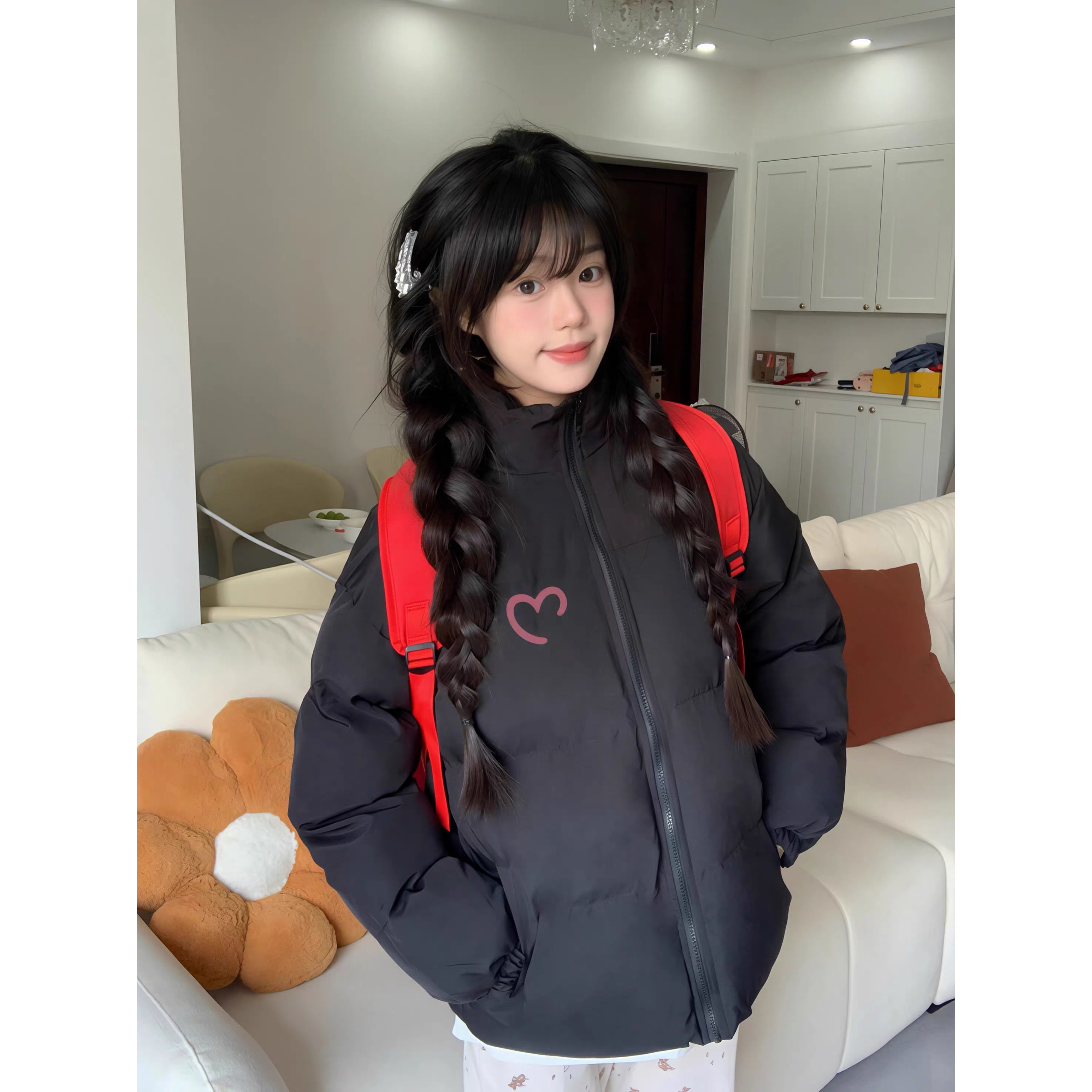 黑色中长款轻薄立领羽绒棉服女大童冬季初中高中学生宽松加厚外套