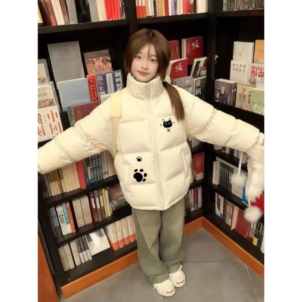 美式小个子猫咪印花羽绒棉服外套女冬季新款宽松学生保暖棉衣棉袄