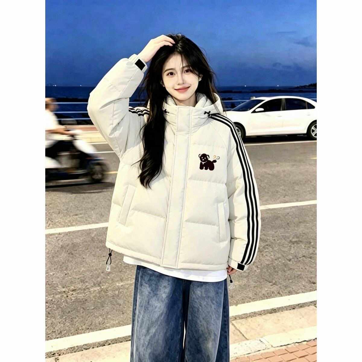 韩版学生连帽羽绒棉服女三条杠小狗印花冬季加厚防寒面包服外套潮
