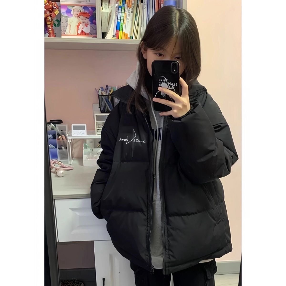 美式黑色立领羽绒棉服少女大童2026新款初中高中学生宽松保暖外套