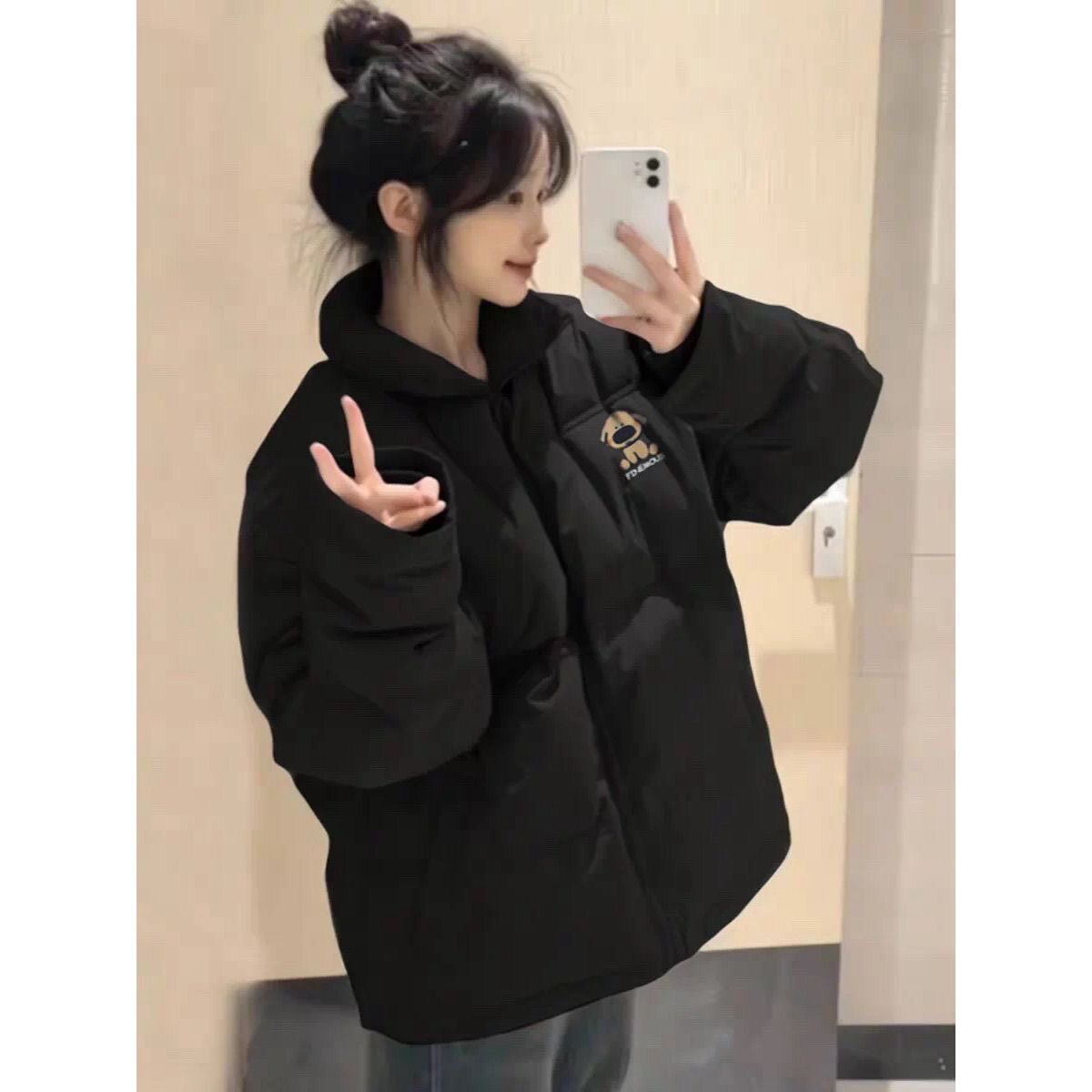 黑色立领羽绒棉服女大童冬季初中高中学生宽松加厚面包服防寒外套