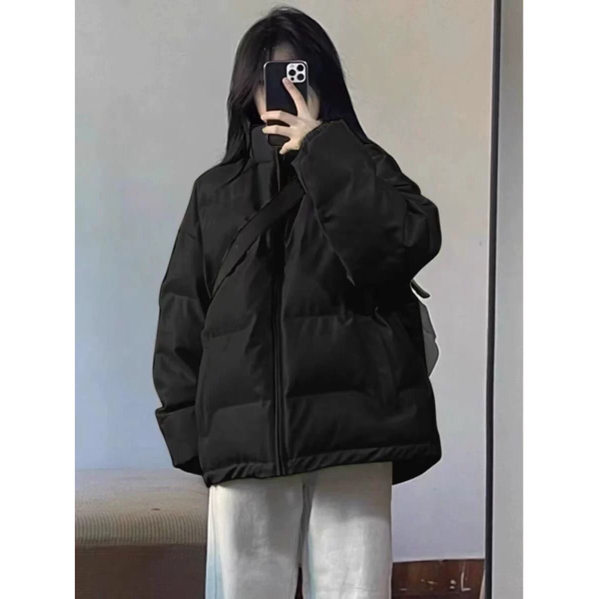 黑色百搭立领羽绒棉袄女初中生高中生学生宽松棉服加厚面包服外套