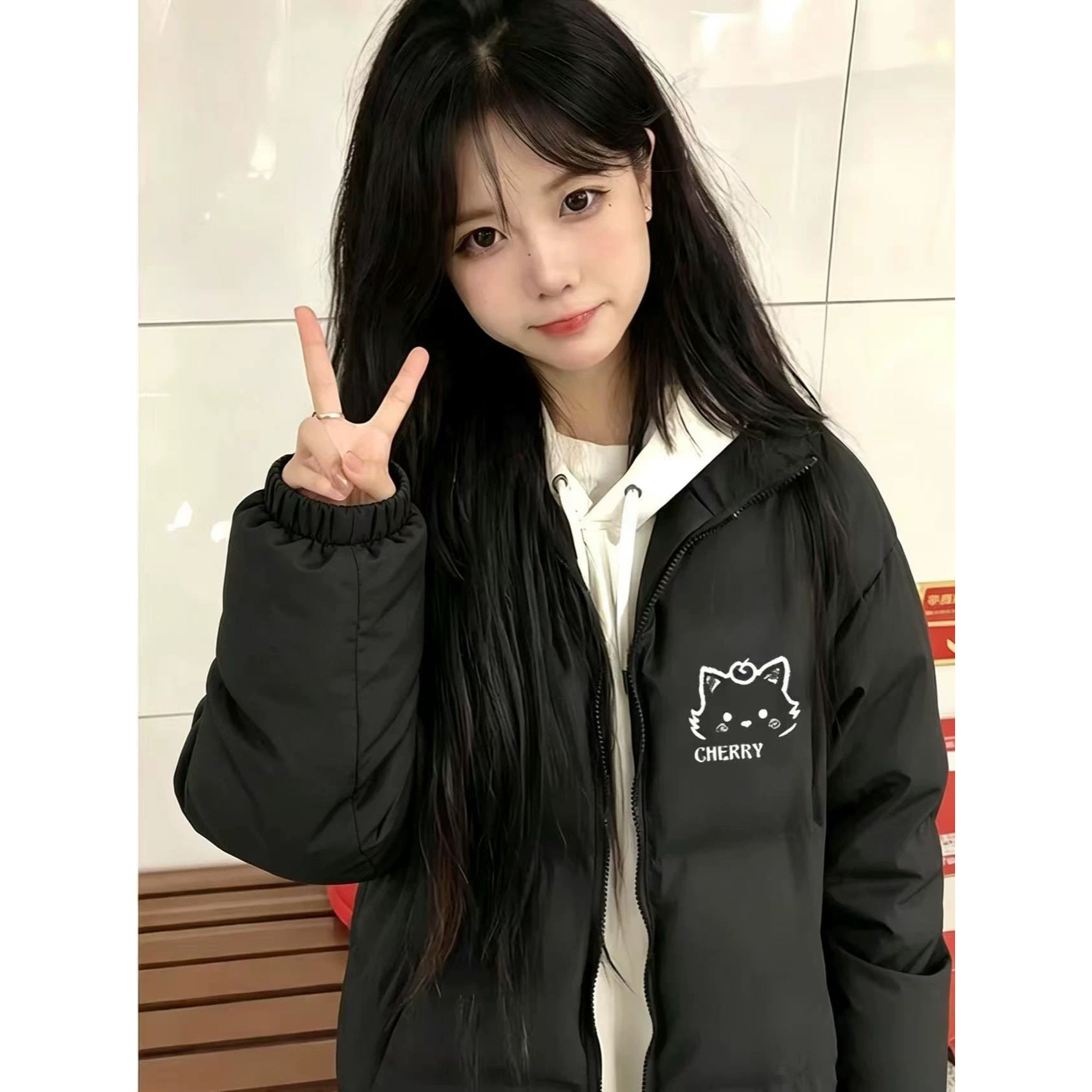 黑色立领羽绒棉服女学生宽松加厚保暖防寒初中高中大童面包服外套