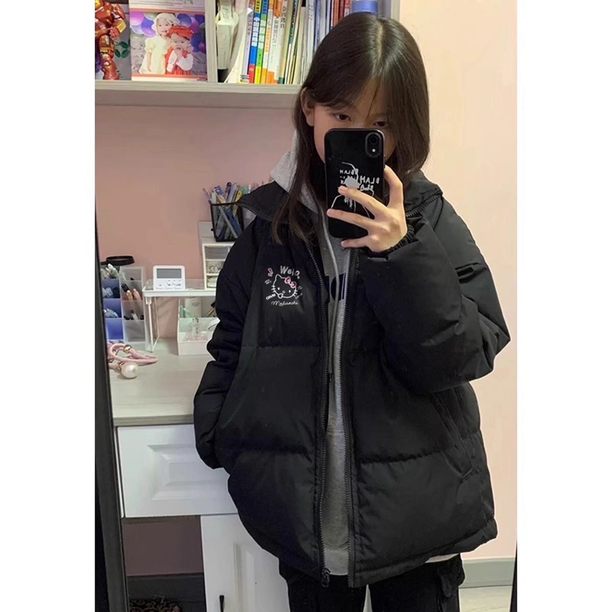 黑色短款轻薄羽绒棉服女大童冬季立领初中高中学生宽松保暖外套潮