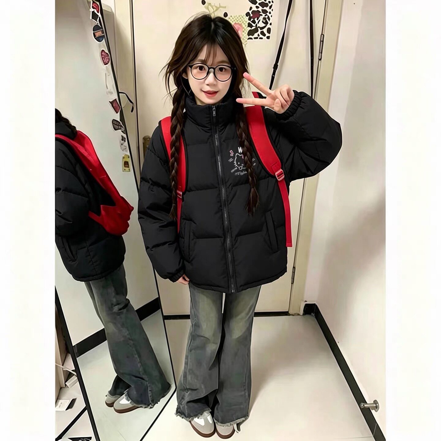 黑色羽绒棉服女冬季复古流行潮流初中生宽松加厚vintage保暖外套