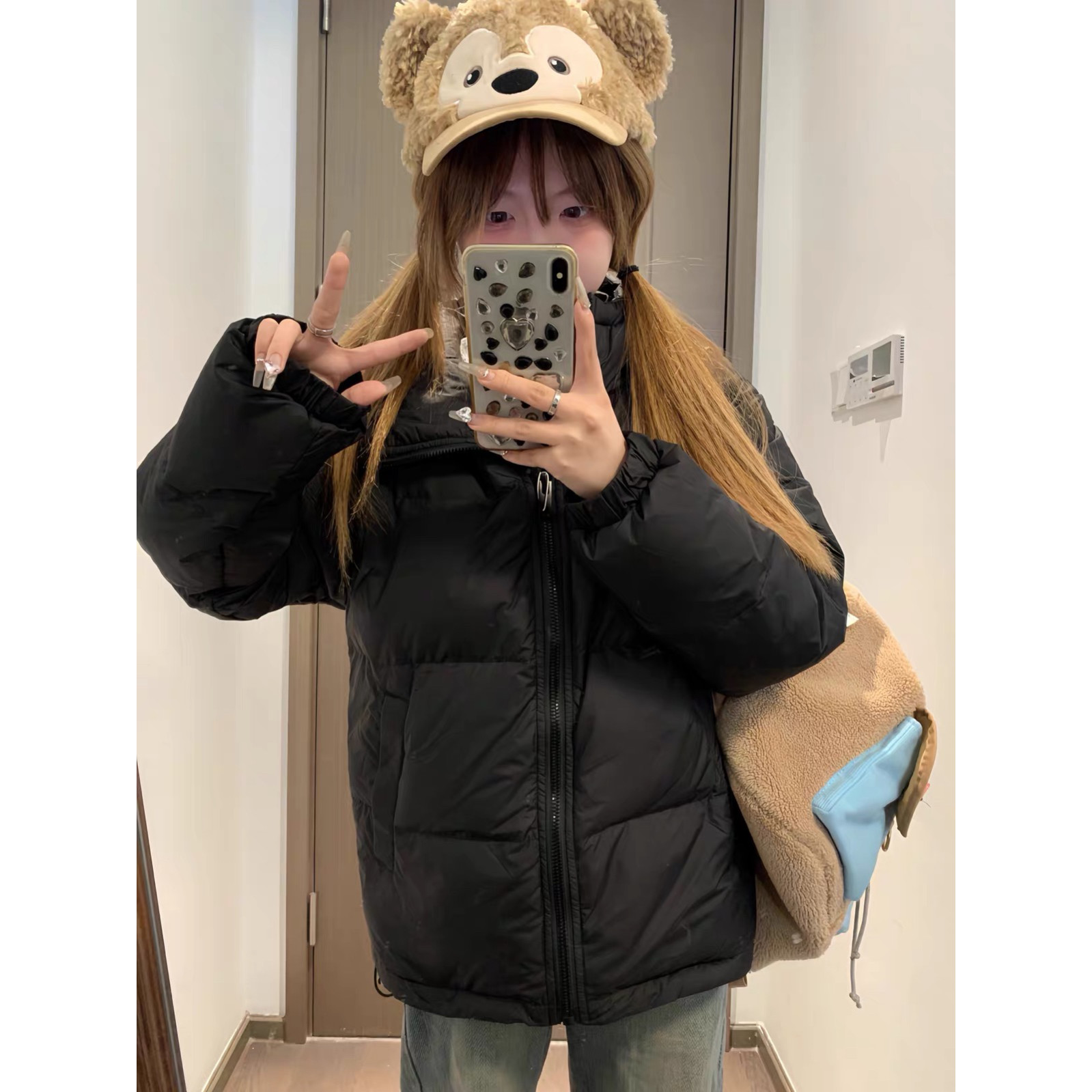黑色立领羽绒棉服少女初中高中生冬季宽松小个子加厚保暖防寒外套