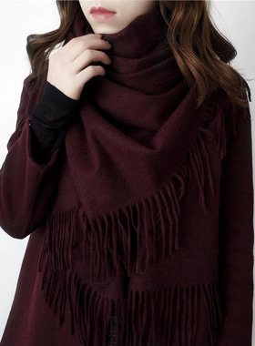 丰紫隅厚款纯色深葡萄酒红安可拉红纯羊毛围巾披肩两用女秋冬