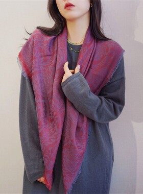 薄款 新中式绣红色刺绣提花羊绒大方巾围巾旗袍礼服披肩女秋冬