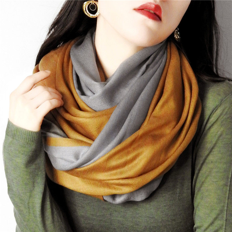 丰紫隅新款优雅大气显白款 雾霾灰拼姜黄山羊绒围巾披肩秋冬