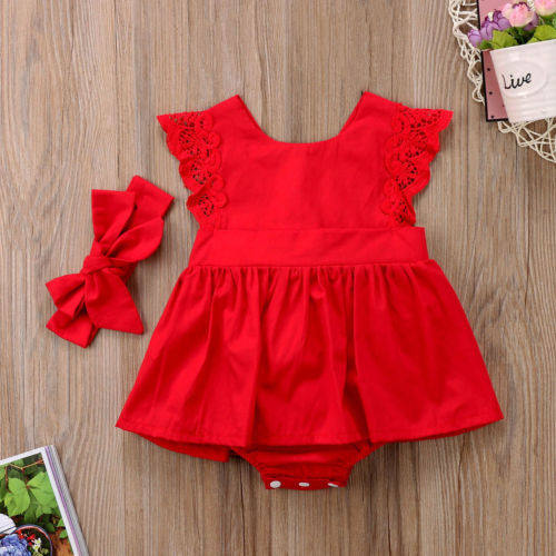New Arriavl Christmas Ruffle Red Lace Romper Dress Baby Gir