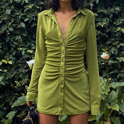 Sexy Mini Slim Dress Women Green Club Party Dress Turn-Down