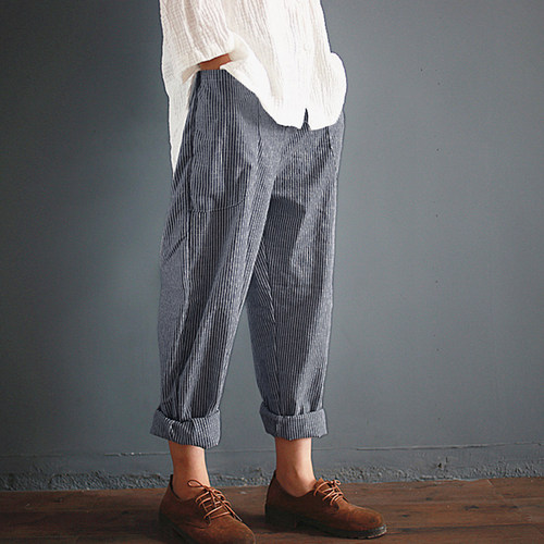 Pockets Loose Striped Cotton Linen Long Harem Pants Women E