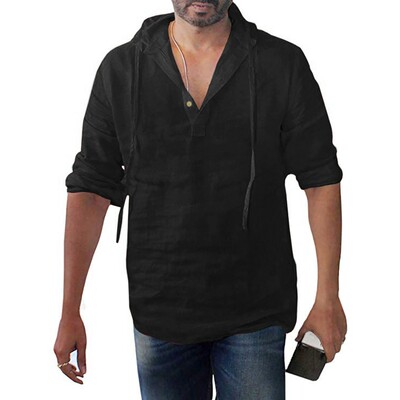 feitong Men's Cotton Linen Summer Shirt Top Hooded Baggy Bu