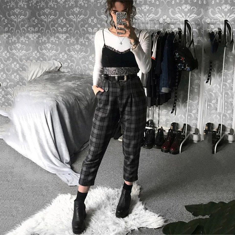 Plaid Pants Women Streetwear Cool Girl High Waist Trousers