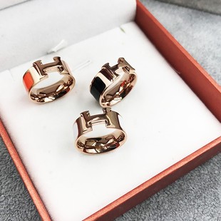 欧美大牌18K玫瑰金H字母戒指女珐琅食指关节指环男女情侣对戒宽版