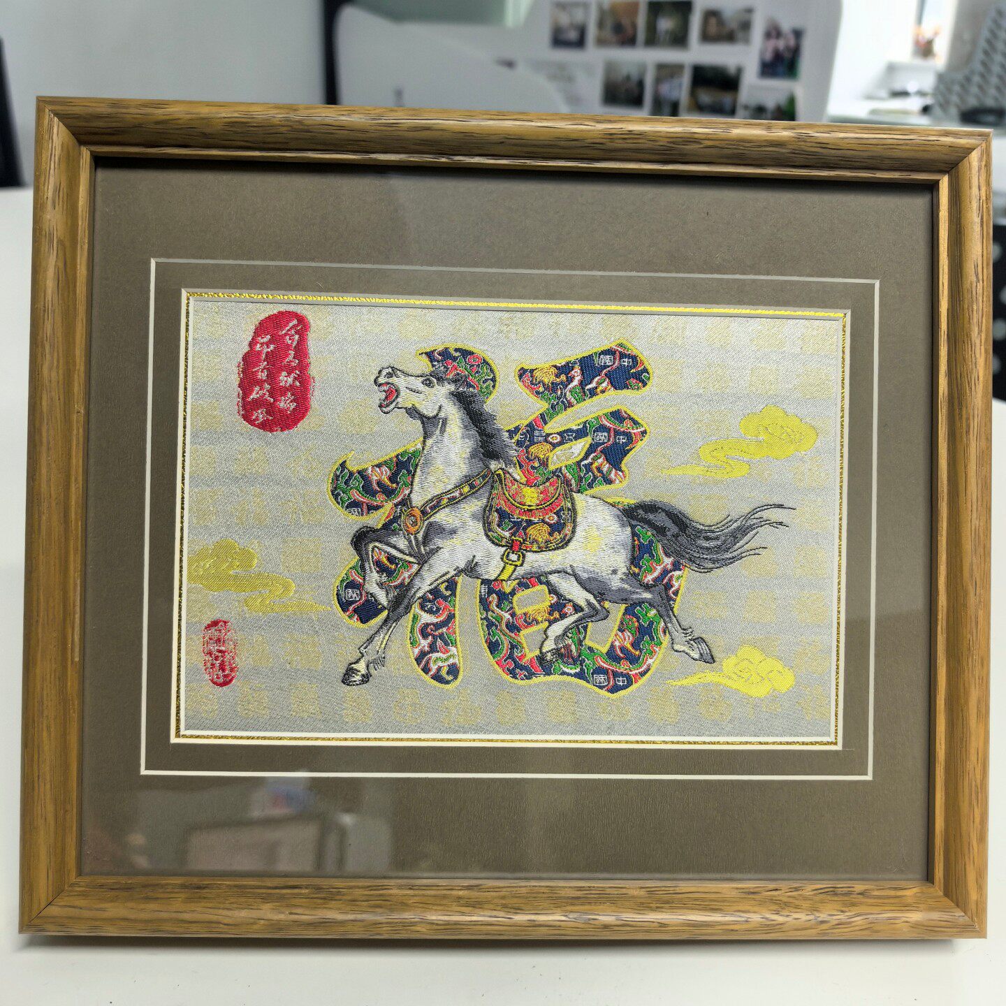 蜀锦中国风骏马图木相框装饰画