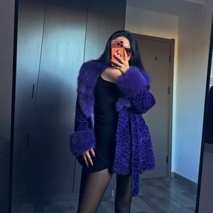 紫色豹纹欧美收腰带毛领人造毛仿皮草女人味御姐气质名媛外套大衣