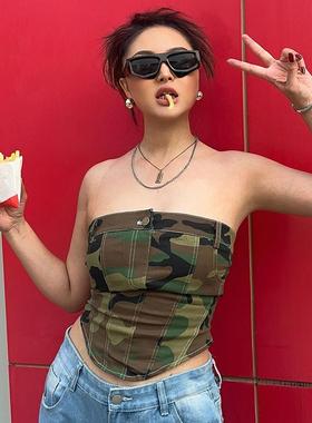 欧美性感辣妹风迷彩短背心