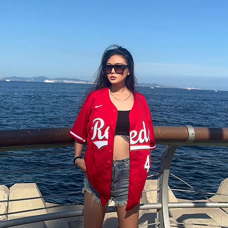 欧美式街头宽松男女棒球服红开衫短袖T恤街舞嘻哈运动球衣HIPHOP