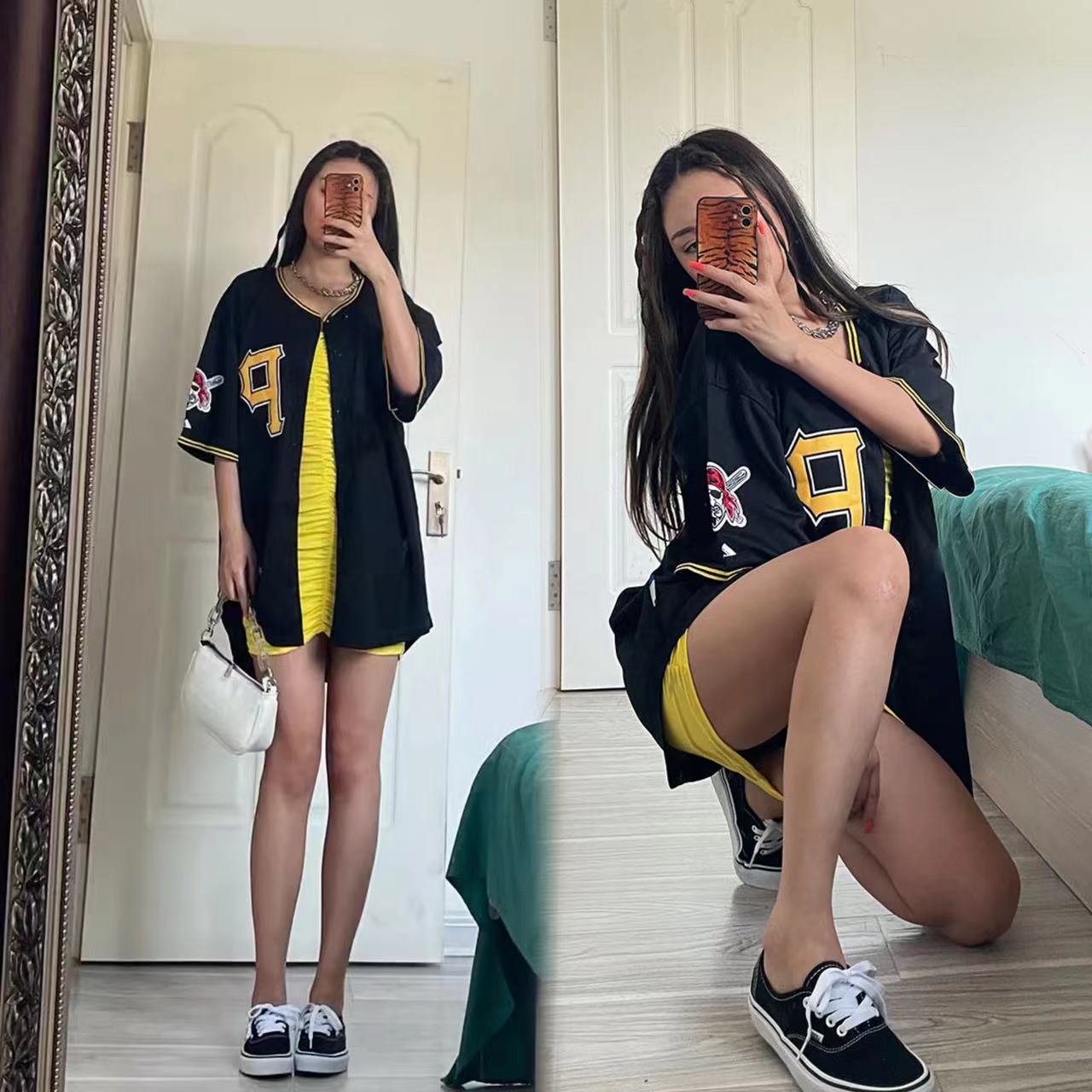 男女宽松加大黑黄色刺绣数字母运动嘻哈单排扣短袖棒球服外套开衫