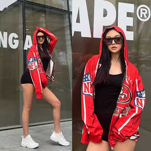 男女欧美式HIPHOP街头宽松加大超级碗连帽卫衣NFL橄榄球服外套