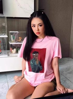 嘻哈女式短袖街头RAPPER粉色T恤