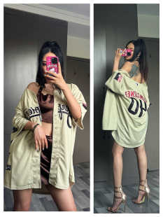 杏色美式HIPHOP街头数字男女宽松棒球服短袖T恤球衣外套开衫加大