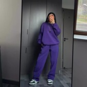 卫衣卫裤 街头宽松纯色紫色圆领套头直筒裤 套装 秋冬抓绒男女欧美式