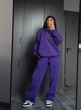 秋冬抓绒男女欧美式街头宽松纯色紫色圆领套头直筒裤卫衣卫裤套装