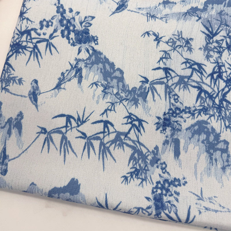 蓝色竹林印花桌布棉麻布艺加密印花布长方形餐桌布装饰茶几布台布