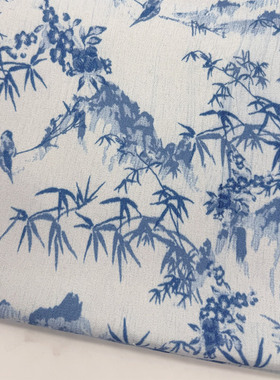 蓝色竹林印花桌布棉麻布艺加密印花布长方形餐桌布装饰茶几布台布