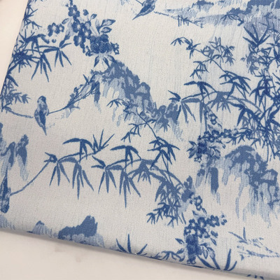 蓝色竹林印花桌布棉麻布艺加密印花布长方形餐桌布装饰茶几布台布