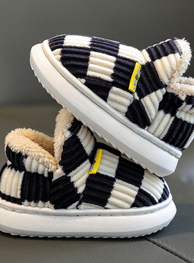 儿童棉鞋秋冬季保暖男童棋盘格家用室内外亲子鞋女童包跟雪地棉鞋