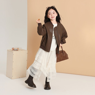 外贸布丁哈鲁童装夹克2025秋款潮酷范女童皮衣实商显白女童夹克衫