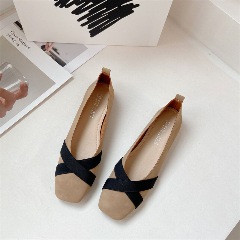 韩版仙女风淑女平底单鞋女新款浅口方头舒适百搭软底粗跟豆豆鞋