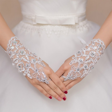 婚纱手套新娘结婚蕾丝长款白色红色婚礼手纱缎面超仙森系复古花朵