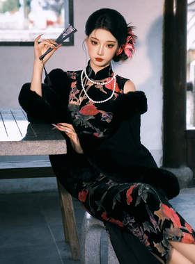 雪梦羊毛茸茸披肩黑色外搭上衣女