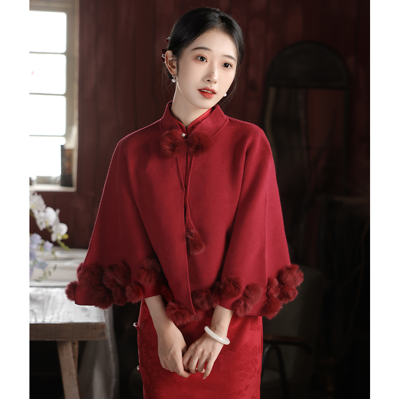 红色旗袍披肩女新款冬季外搭外搭