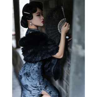 黑色毛披肩旗袍外搭皮草毛绒民国夜上海军阀太太围脖拍照道具高端